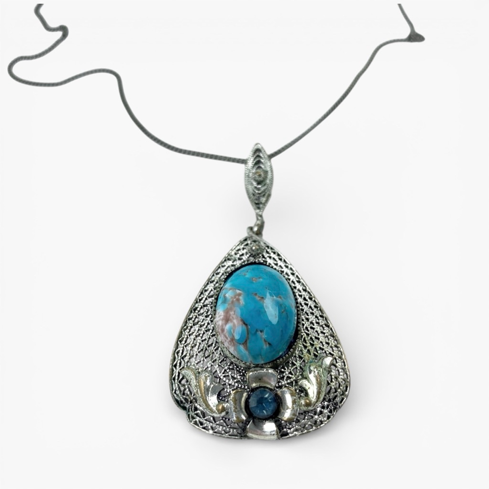Vintage Chinese Export Silver Filigree Turquoise Teardrop Pendant Necklace.